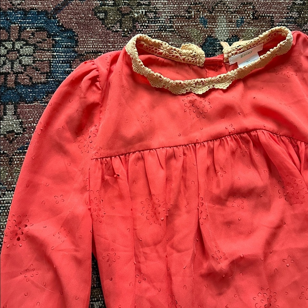 Sz S Esley Coral Blouse with Cotton Lace Orange Trim Button Back 00’s Y2K - Picture 2 of 7